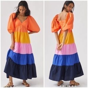 💋Anthropologie Farm Rio color block puffed sleeves maxi dress. Size XS
